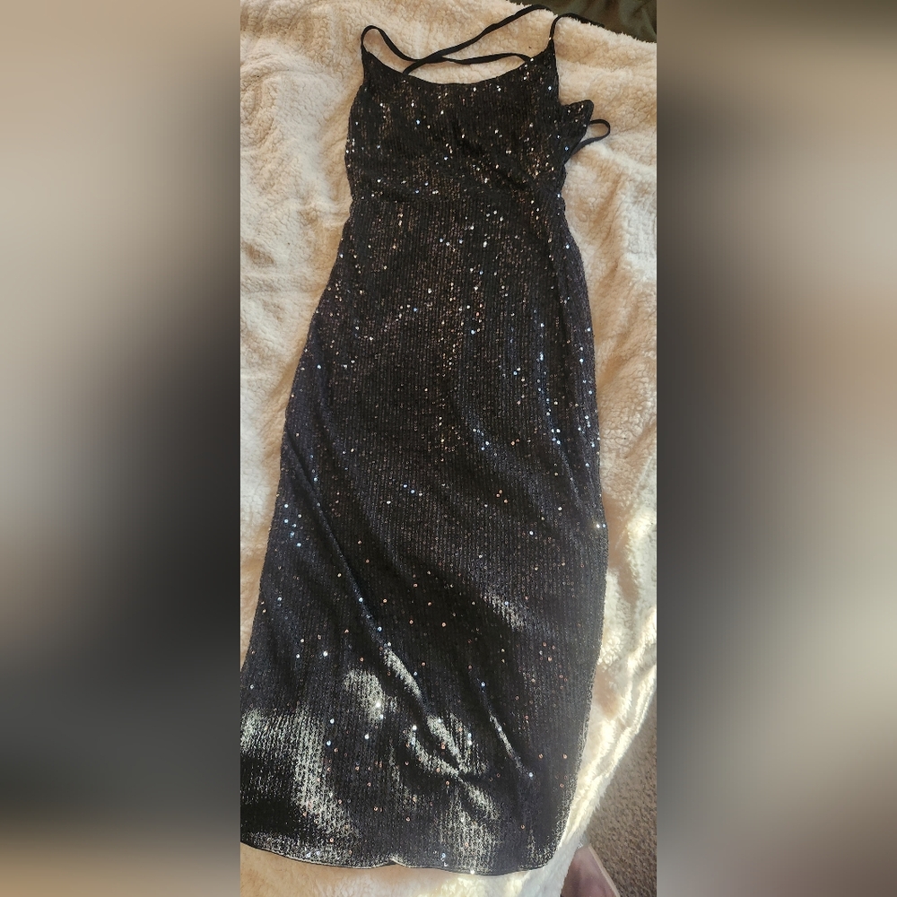 Fashion Nova Black Sequin Slip Midi Dress